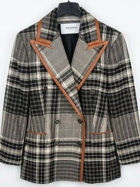 Georges Rech Paris Plaid Double-Breasted 100% Wool Blazer with Faux Leather Trim